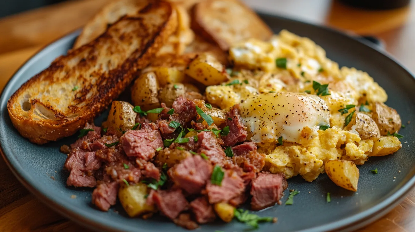 Scrumptious canned corned beef breakfast with eggs, toast, and a side of vegetables."