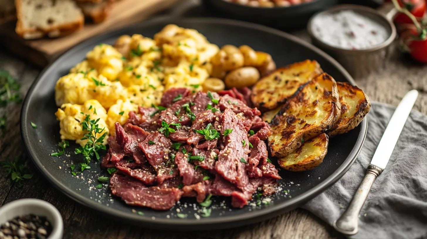 Delicious breakfast plate with canned corned beef, scrambled eggs, and toast.