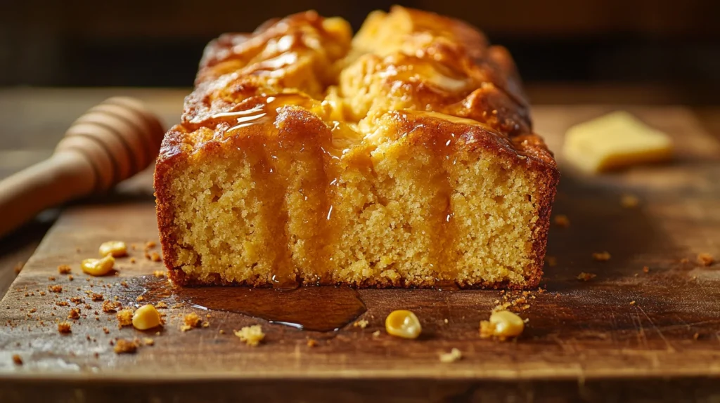 Close-up of Fat Daddy's cornbread, showing its fluffy interior and golden crust.