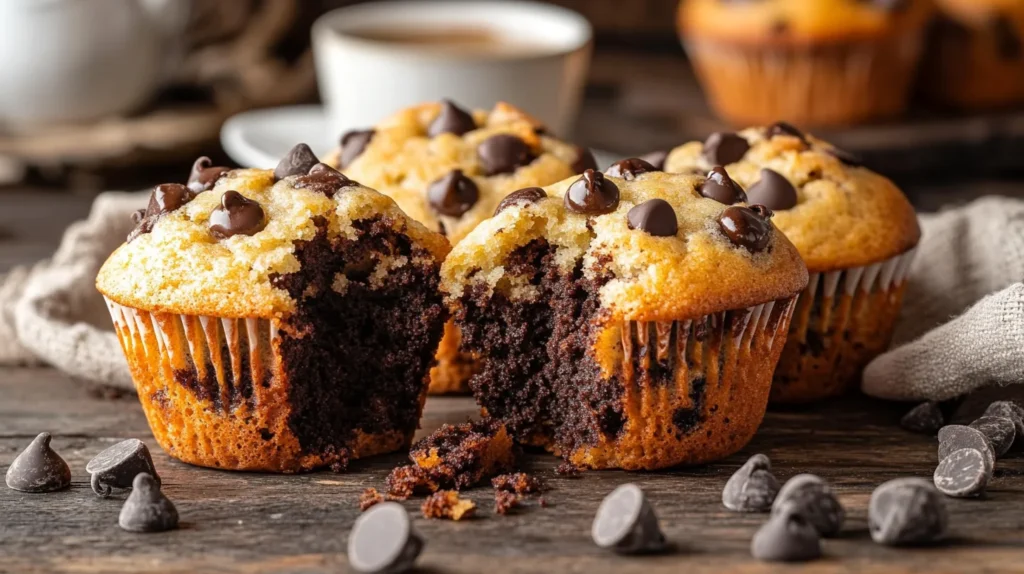 Homemade chocolate chip muffins dusted with powdered sugar for extra sweetness