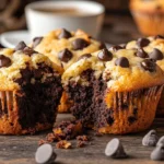 Homemade chocolate chip muffins dusted with powdered sugar for extra sweetness