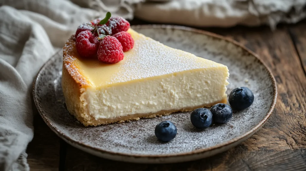 A slice of light and airy French-style cheesecake on a white plate with a berry drizzle.