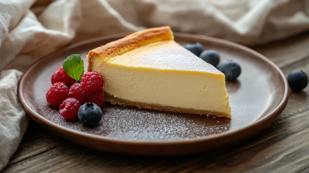 Delicate French-style cheesecake topped with fresh raspberries and powdered sugar.