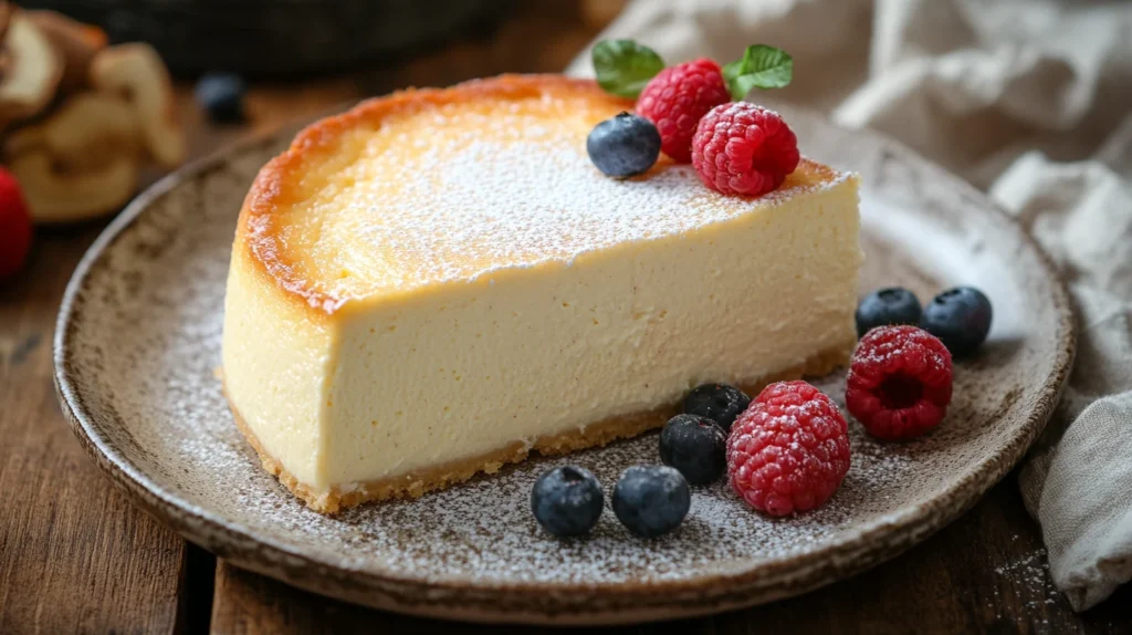 Elegant French-style cheesecake with a light, airy texture, garnished with fresh berries.