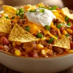 Delicious Taco Soup topped with Fritos, garnished with cheese and sour cream.