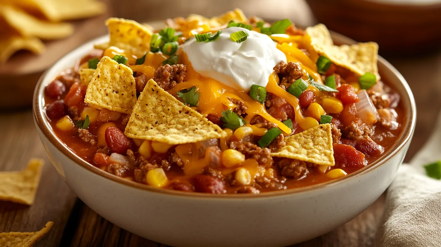 Delicious Taco Soup topped with Fritos, garnished with cheese and sour cream.