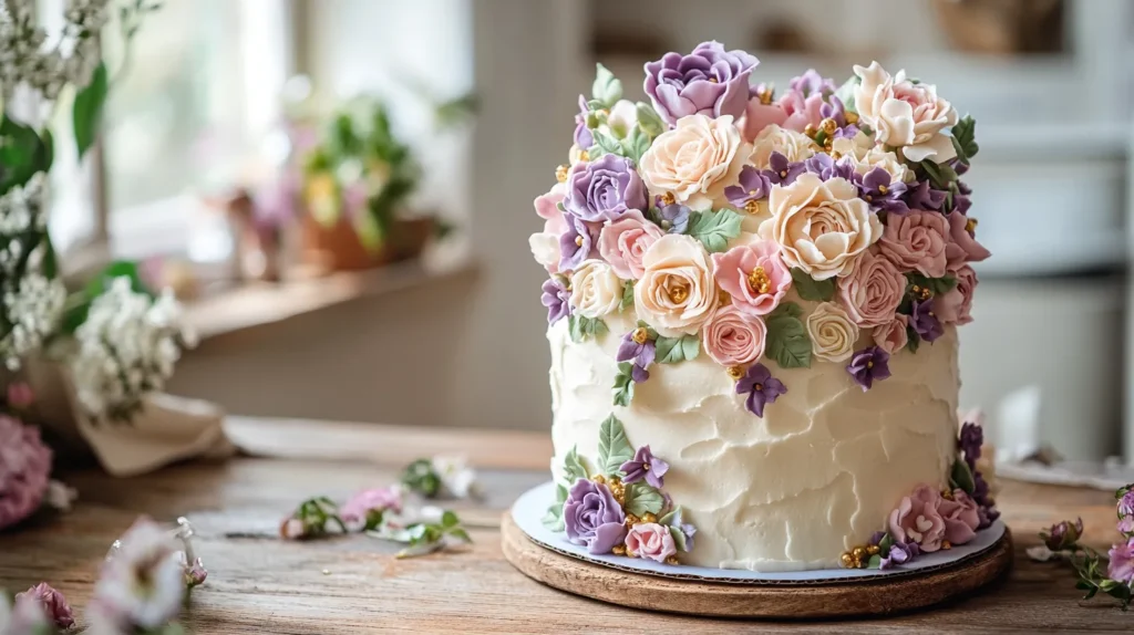 Flower and birthday cake featuring fresh blooms and a personalized design.
