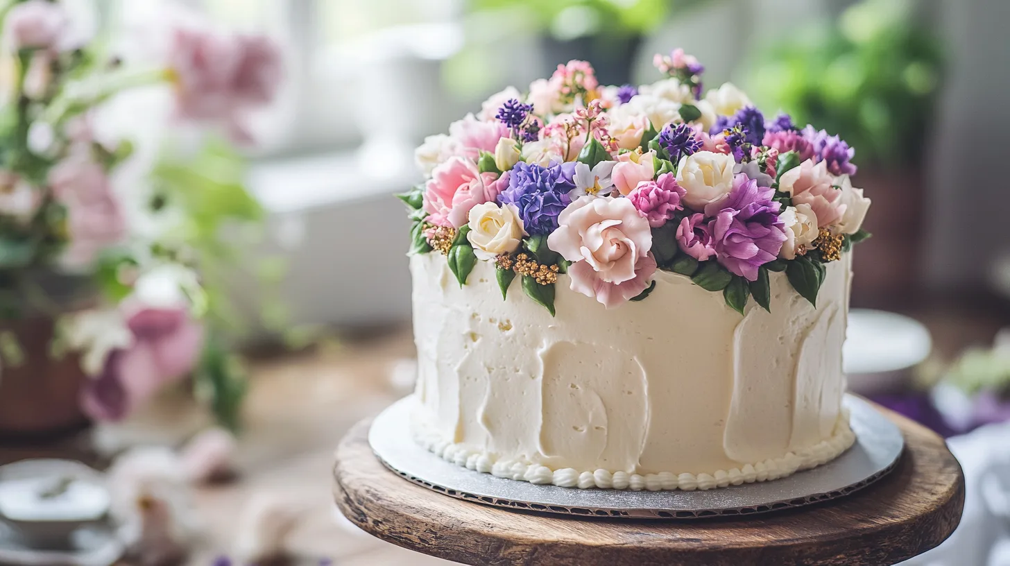 Flower and birthday cake featuring a beautiful floral arrangement and a customized cake.