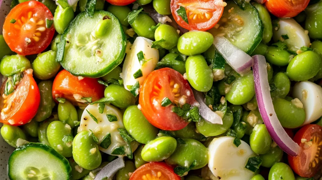 Healthy Edamame Egg Salad with fresh ingredients and vibrant colors.