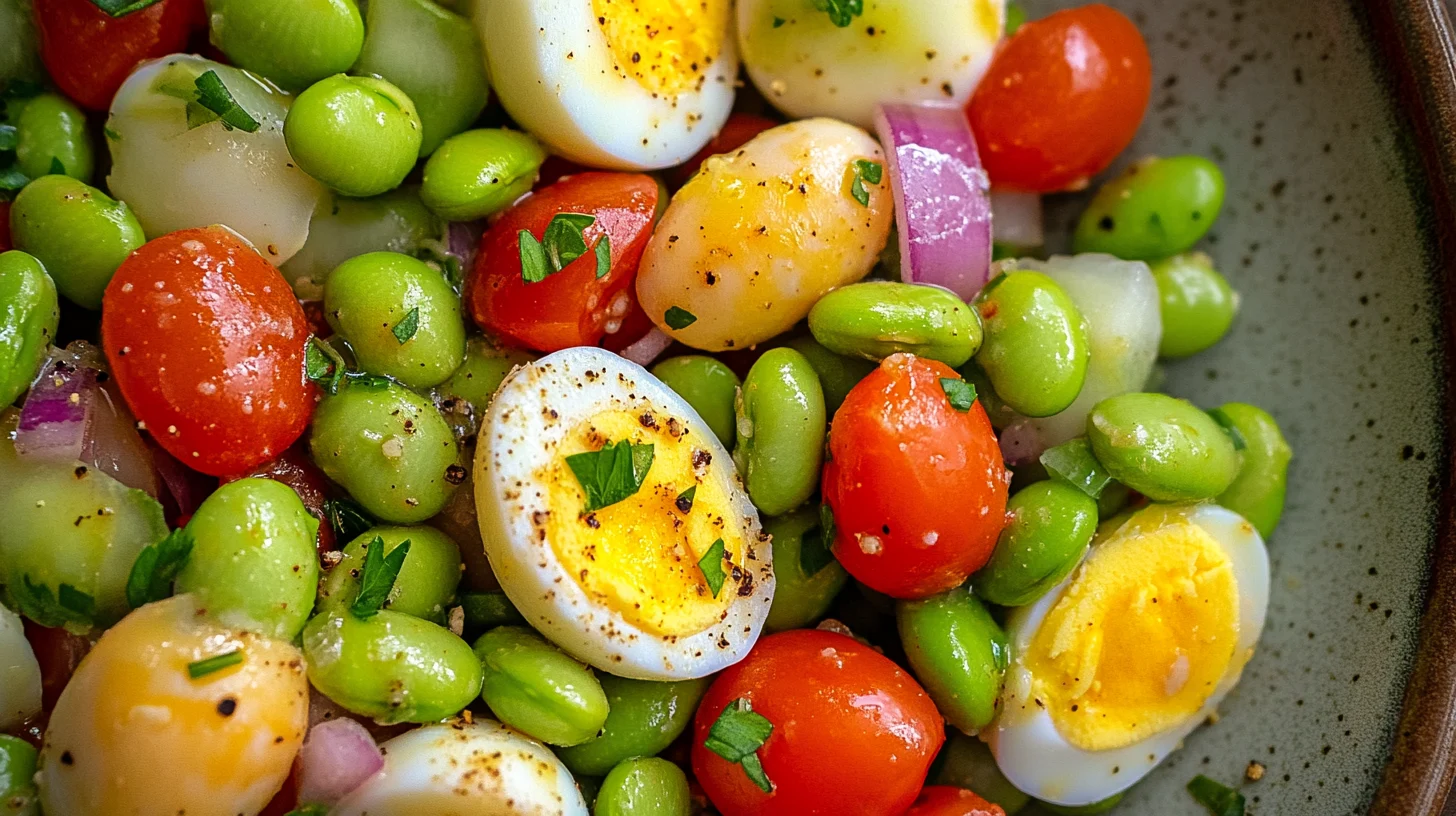 Edamame egg salad with creamy dressing and fresh ingredients.