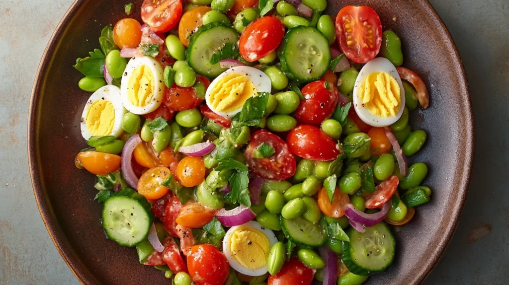 Vibrant Edamame Egg Salad with fresh vegetables and a light dressing.