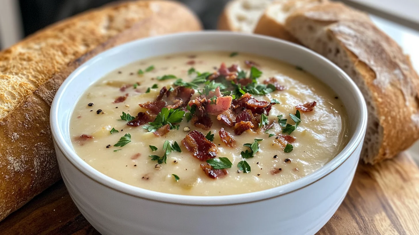 Delicious benignis potota soup with a creamy texture and fresh garnish.