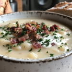 Comforting bowl of Benignis potato soup garnished with herbs and served hot.