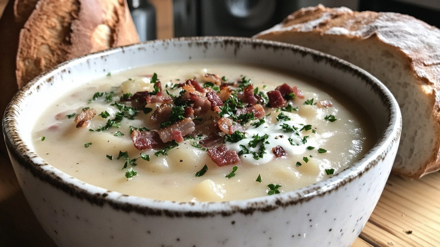 Comforting bowl of Benignis potato soup garnished with herbs and served hot.