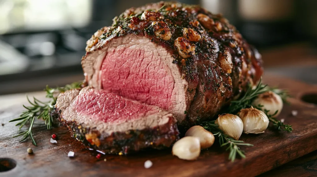 A beautifully plated ribeye roast with a side of garlic mashed potatoes and steamed vegetables.