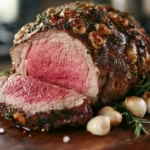 A beautifully plated ribeye roast with a side of garlic mashed potatoes and steamed vegetables.