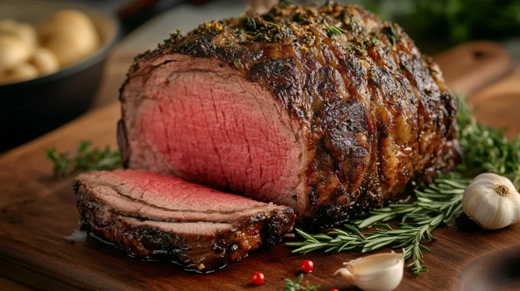 A perfectly cooked ribeye roast with a crispy, herb-crusted exterior and a juicy, medium-rare center.