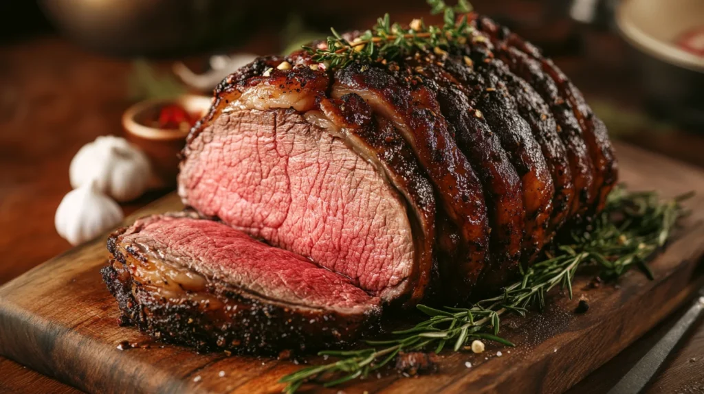 A sizzling ribeye roast fresh out of the oven, with a deep brown crust and juicy interior.