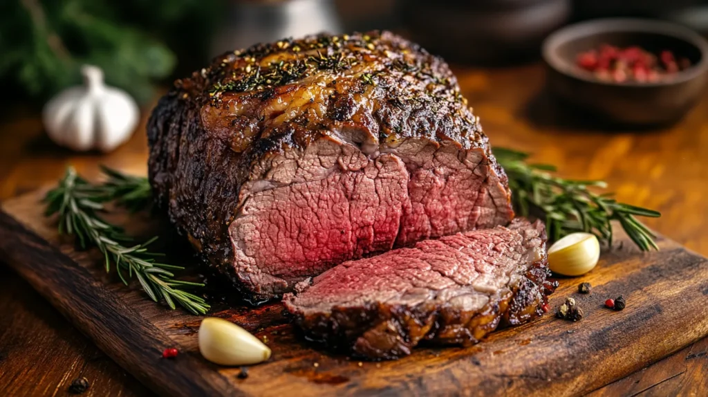 A ribeye roast sliced into thick, juicy cuts, served on a wooden cutting board with fresh rosemary.