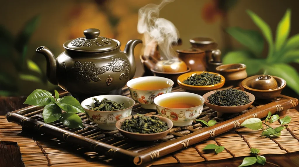 Assorted traditional Chinese teas, including green tea, oolong, and pu-erh, served in elegant teacups with a teapot on a wooden tray.