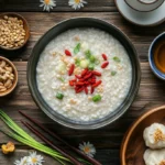 Healthy TCM breakfast spread with herbal soup, steamed buns, and traditional Chinese ingredients like ginger and goji berries for wellness.