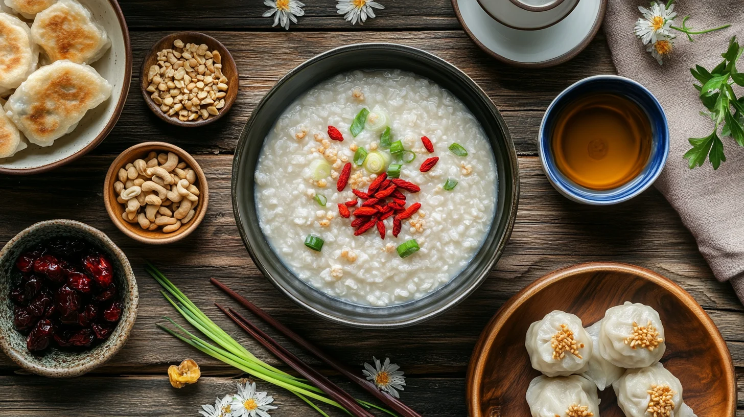 Healthy TCM breakfast spread with herbal soup, steamed buns, and traditional Chinese ingredients like ginger and goji berries for wellness.