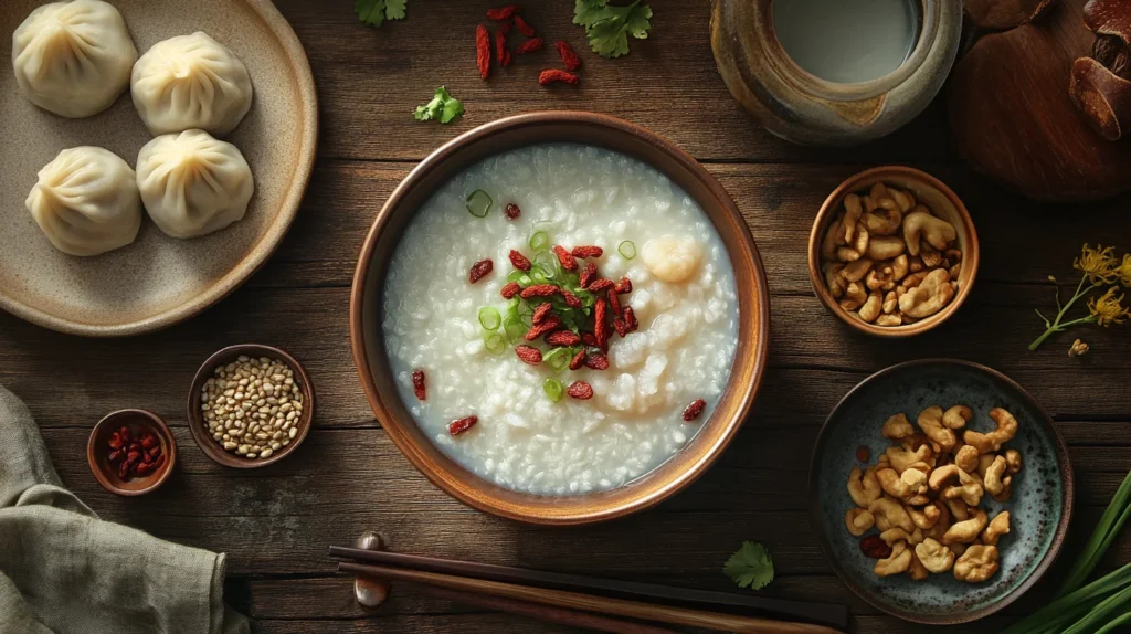 Traditional Chinese Medicine-inspired breakfast with warm congee, herbs, and nourishing ingredients for a balanced start to the day.