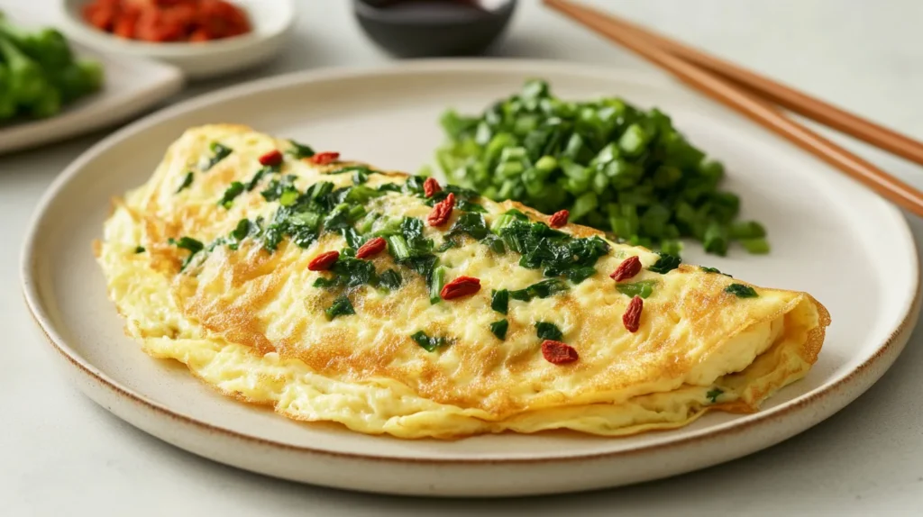 Fluffy herbal omelette with fresh parsley, chives, and basil, served on a plate for a nutritious and flavorful meal.