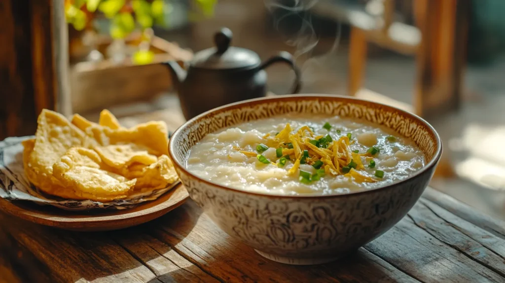 Traditional Chinese Medicine (TCM) breakfast congee with rice, ginger, and goji berries, served in a ceramic bowl for a nourishing start