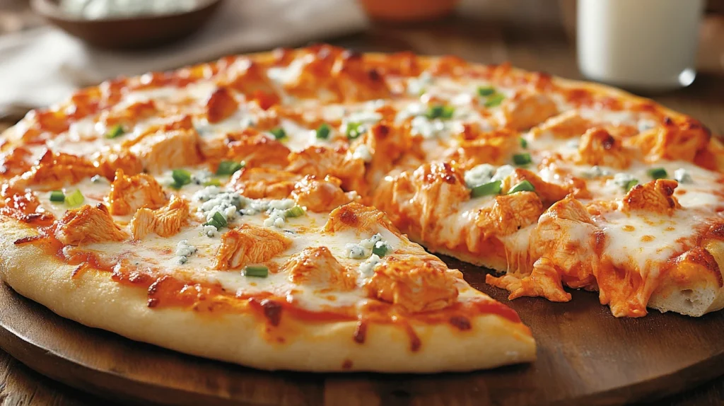 Close-up of a Buffalo Chicken Pizza showing juicy chicken, creamy ranch, and a golden crust.