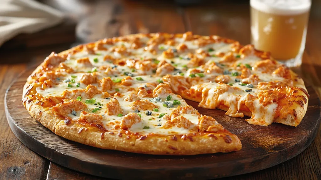 A freshly baked Buffalo Chicken Pizza topped with melted cheese and drizzled with ranch.