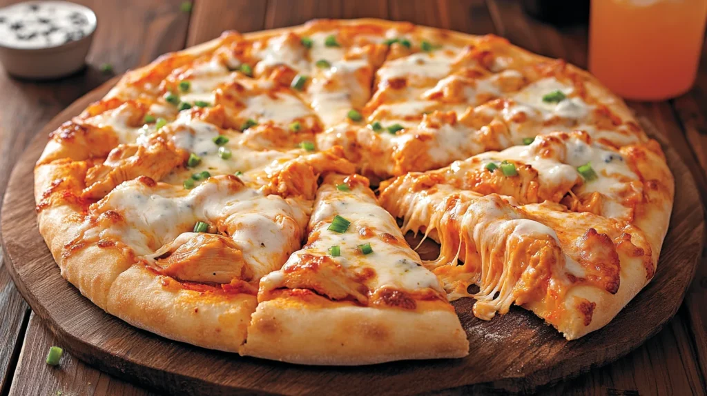 Sliced Buffalo Chicken Pizza with crispy crust, spicy sauce, and gooey mozzarella.