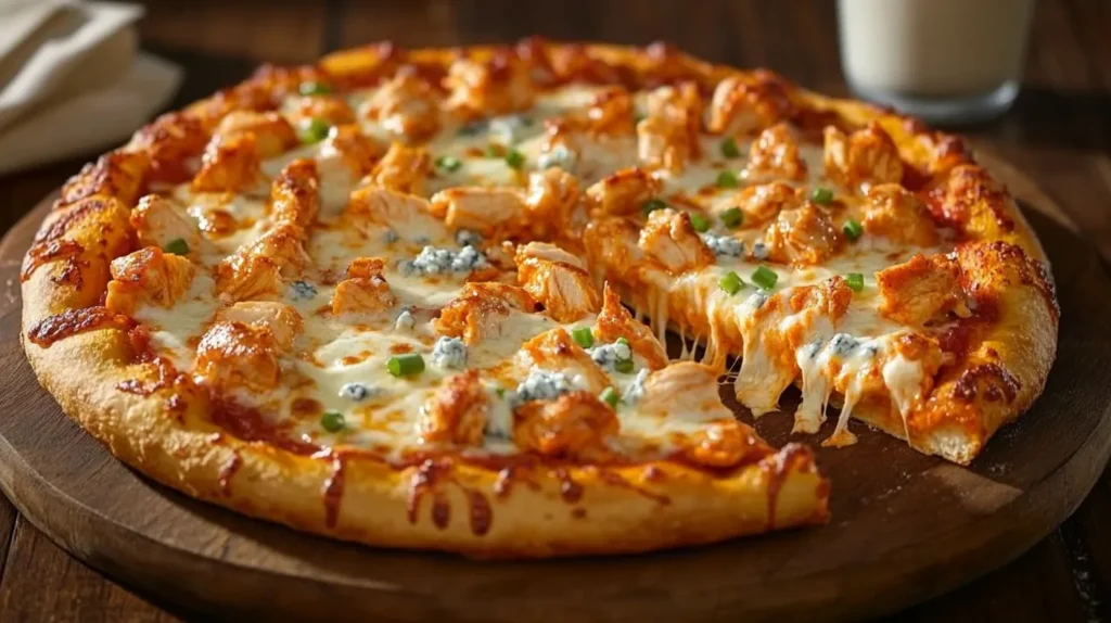 A hot and crispy Buffalo Chicken Pizza with melted cheese and spicy buffalo sauce.