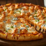 A hot and crispy Buffalo Chicken Pizza with melted cheese and spicy buffalo sauce.