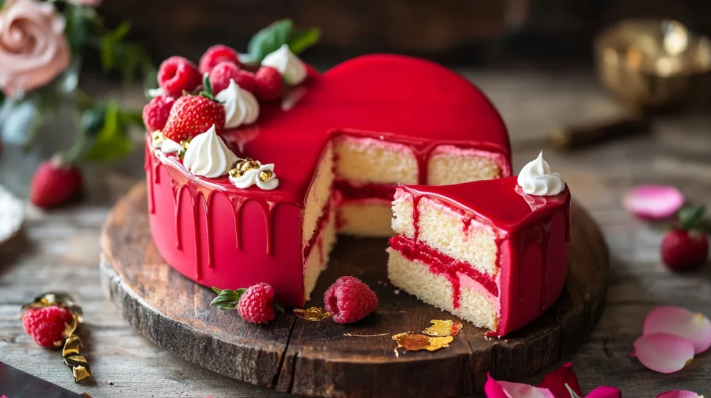 A beautifully decorated heart-shaped cake with pink frosting and delicate flowers