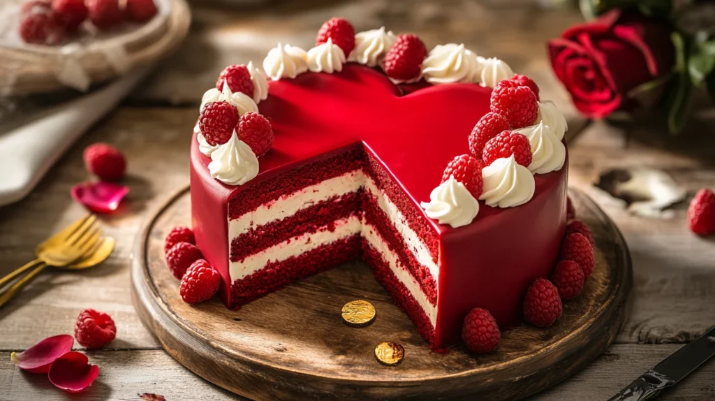 A heart-shaped cake with white icing and colorful sprinkles, ready to be served.