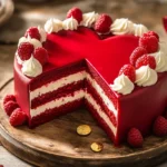 A heart-shaped cake with white icing and colorful sprinkles, ready to be served.