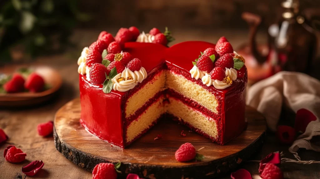 A red velvet heart cake with layers of cream cheese frosting, perfect for any occasion.