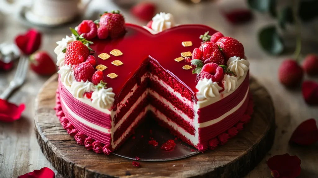 A close-up of a heart cake, topped with fresh berries and a creamy glaze.